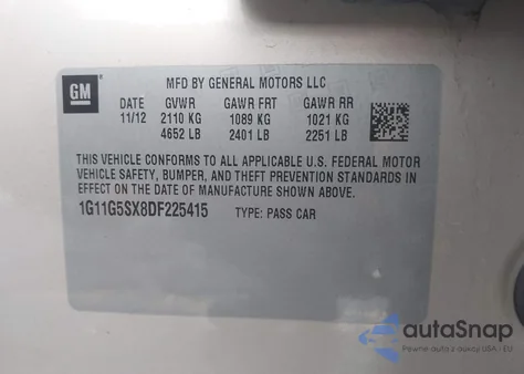 2013 Chevrolet Malibu 3Lt из США, поврежденный, VIN 1G11G5SX8DF225415